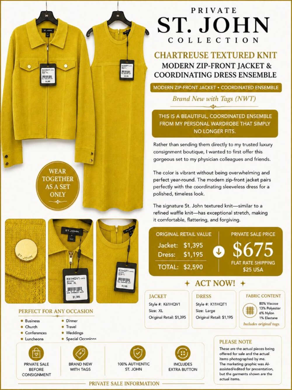 NWT St. John Chartreuse (Mustard)Textured Knit Jacket & Dress Set XL/L $2590 - Picture 2 of 4